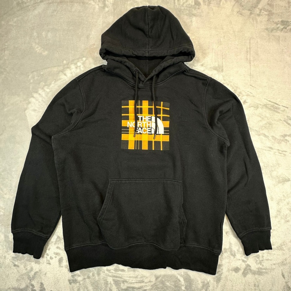 The North Face Hoodie Mens M Black Yellow Plaid Logo Pullover Sweatshirt 0319